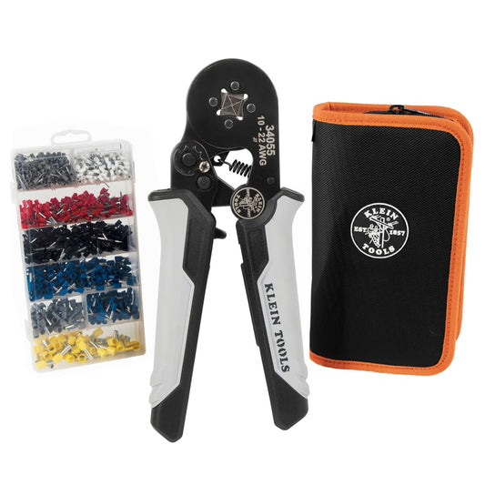 Klein Tools 34060 Juego de herramientas de prensado de virola con alicates cuadrados de carraca, 1200 terminales de cable (10-22 AWG) y estuche de transporte suave para aplicaciones eléctricas