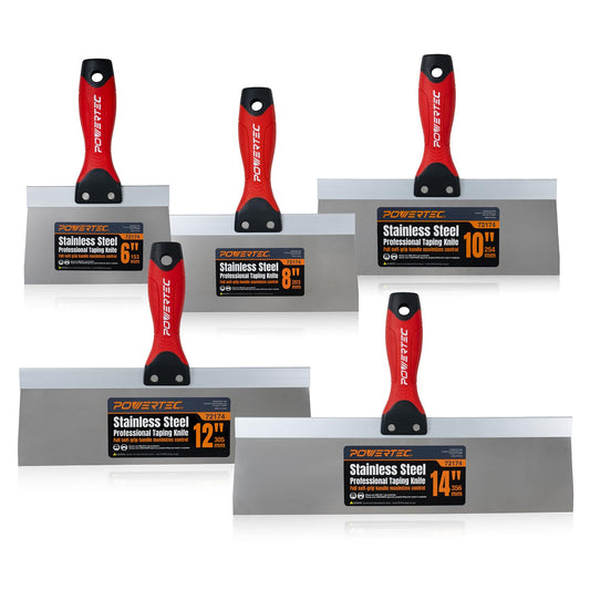 POWERTEC Juego de Cuchillos para Paneles de Yeso, 5 Piezas Cuchillos de Encintar de Acero Inoxidable, 6", 8", 10", 12", 14" Encintado de Juntas de Paneles de Yeso, Acabado y Reparación (72174)