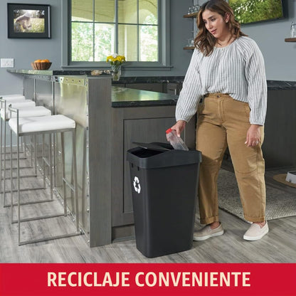 Rubbermaid – Contenedor de Reciclaje con Tapa Abatible que Facilita Clasificar los Residuos, Bote de Perfil Delgado para Cocina, Lavandería y Despensa, Capacidad de hasta 46 L, Negro 2170114