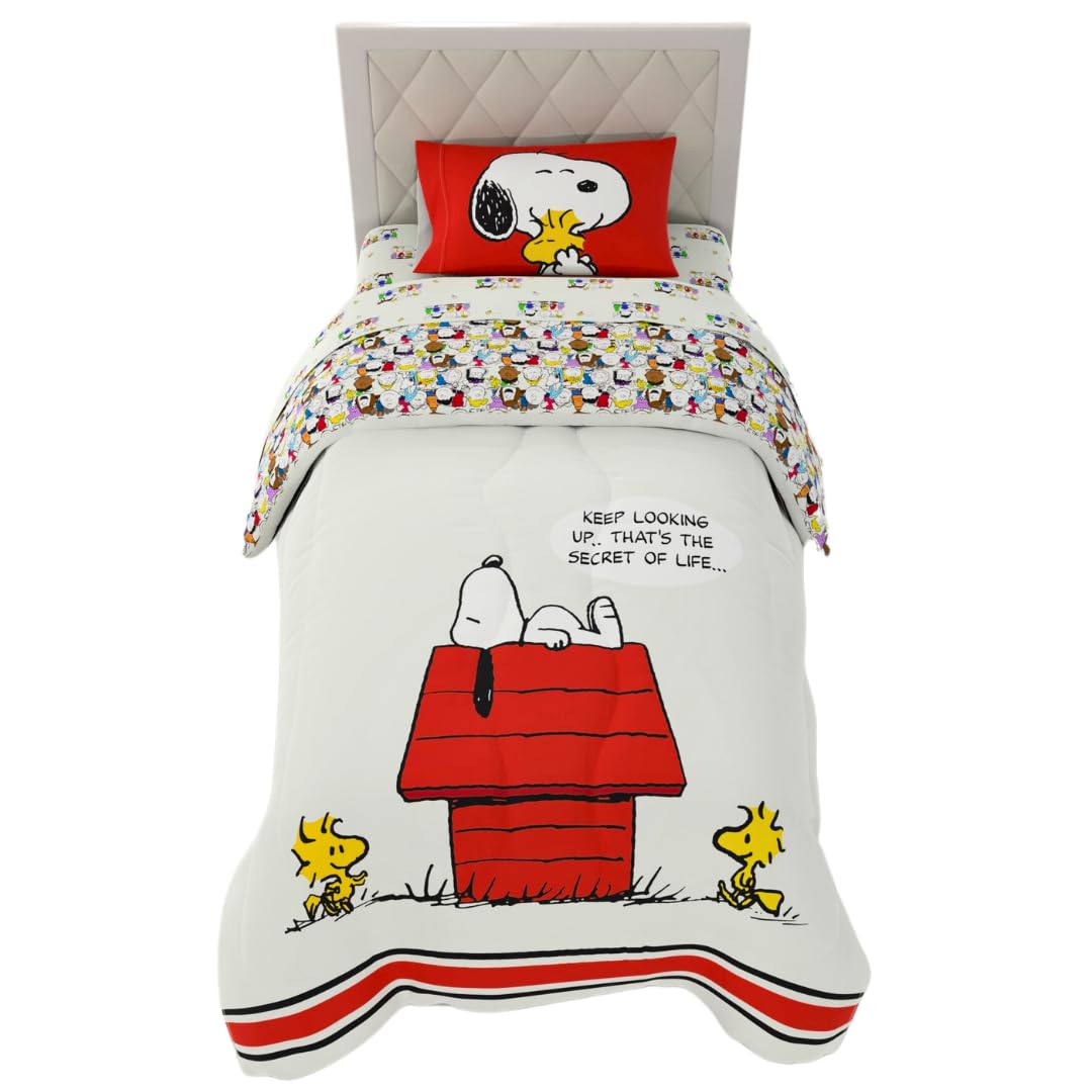 Juego de Edredón y Sábanas Franco Charlie Brown y Snoopy - 4 Piece Twin Size - Rojo - Cacahuetes - Snoopy