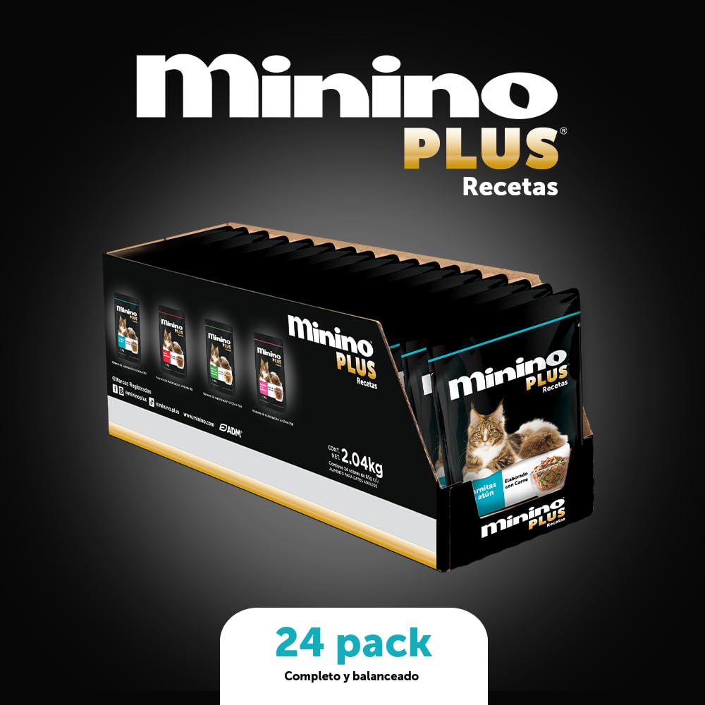 Minino Plus Recetas, alimento húmedo Sabor Carnitas de atún, 85 g, Gris, Paquete con 24 Piezas