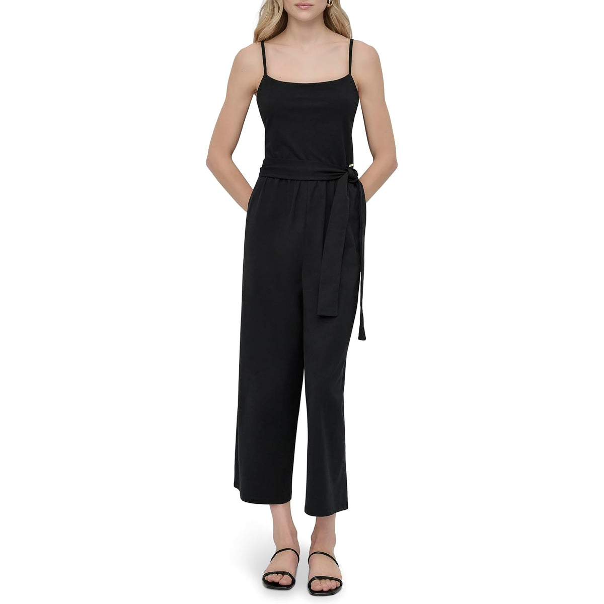 DKNY Jewel Neck Wide Leg Cropped Jumpsuit With Removable Belt & Adjustable Straps Mono Mujer