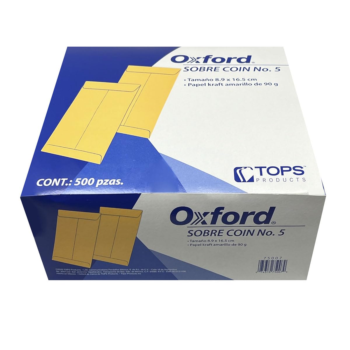 Sobres Coin Oxford N° 5, Color Amarillo, Cierre Engomado, Caja con 500 Piezas.
