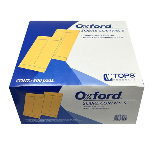 Sobres Coin Oxford N° 5, Color Amarillo, Cierre Engomado, Caja con 500 Piezas.