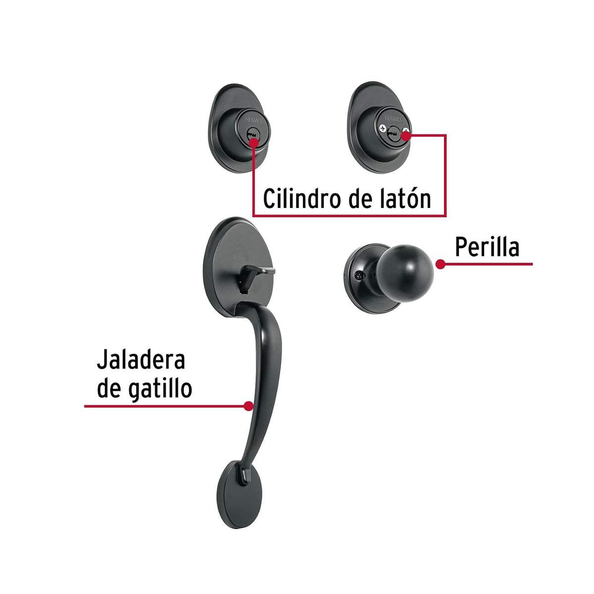 Hermex CEP-62PJ Jaladera, perilla y cerrojo L-L, negro
