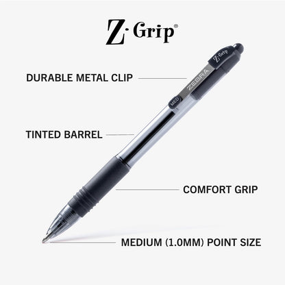 ZEBRA Z-Grip Retractable Ballpoint Pen, 1.0mm, Black Ink, 18 Pack (22218)
