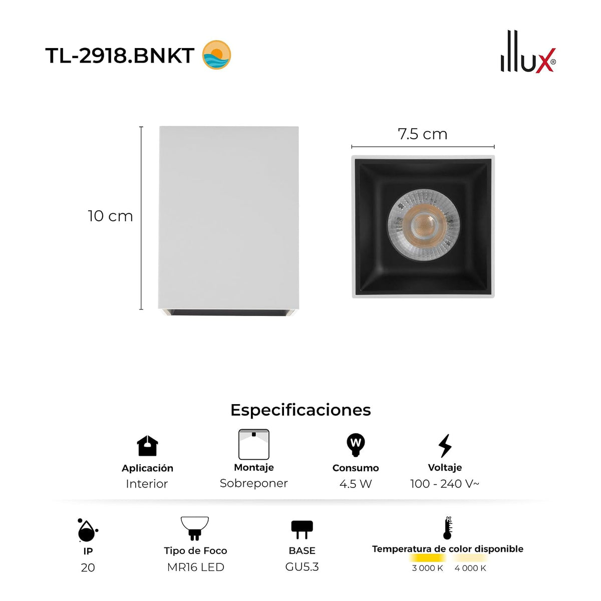 ILLUX Kit Lámpara Sobrepuesta Blanca Negra y Foco Neutro 4000K TL-2918.BNKT40