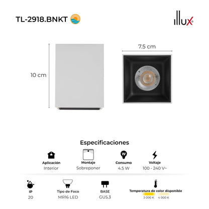 ILLUX Kit Lámpara Sobrepuesta Blanca Negra y Foco Neutro 4000K TL-2918.BNKT40