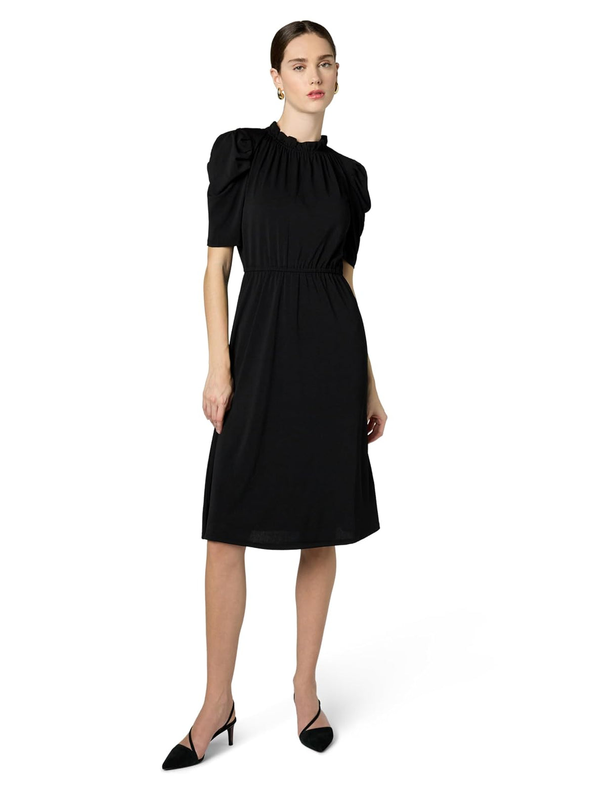 Adrianna Papell Vestido Midi de Punto sólido con Cuello y Volantes y Manga Plisada Vestido Informal Mujer