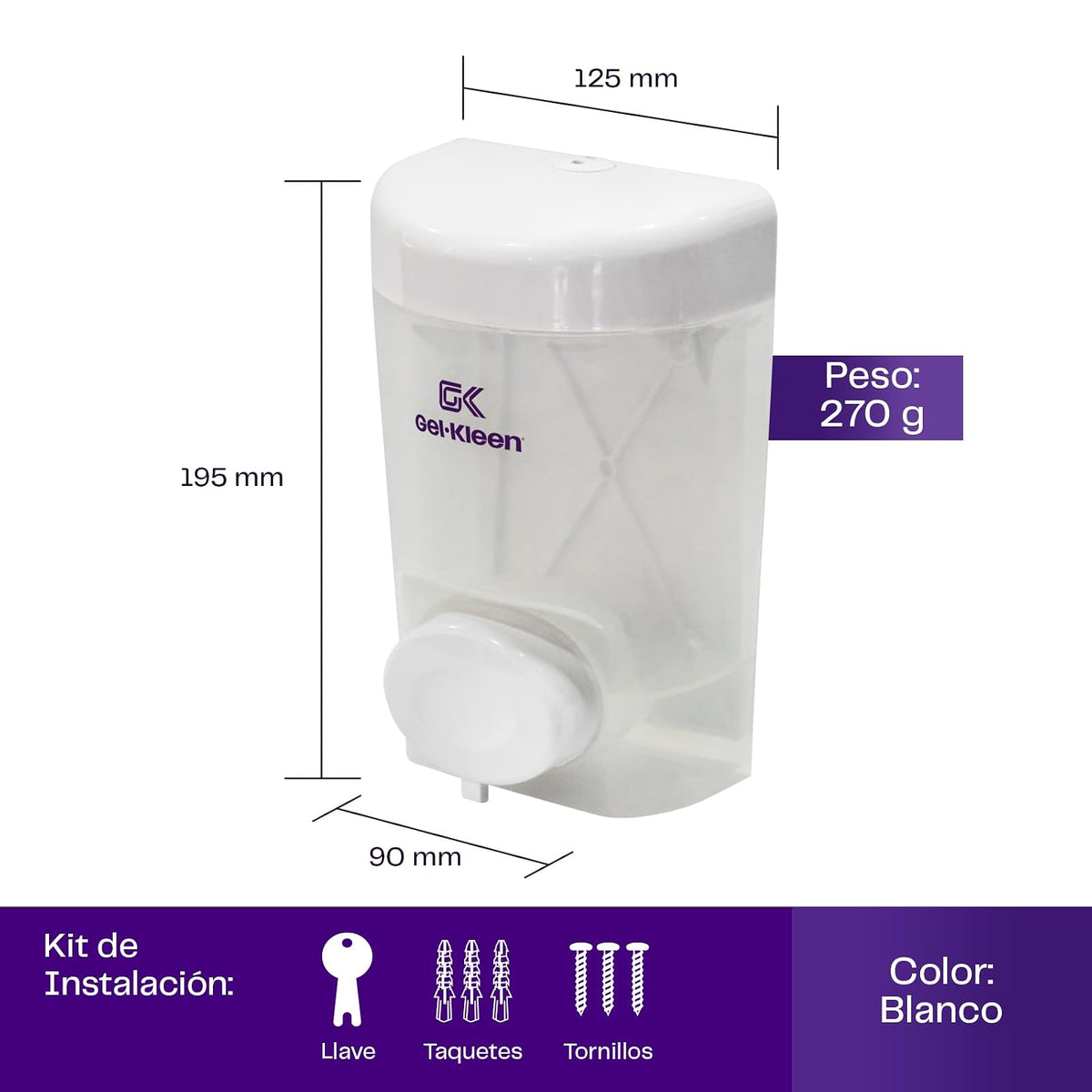 Gel-Kleen Jabonera Rellenable Pared 750 ml Blanca - Despachador Universal de Plástico de Alto Impacto para Jabón Líquido o Gel Antibacterial, Dosificador para Baño, Hogar, Oficina y Negocio.