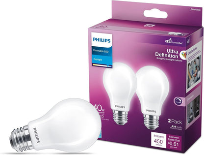 Philips LED 40W A19 Paquete de 8 bombillas de luz diurna ultra definida (5000K) 450 lúmenes (5W = 40W) regulables sin parpadeo esmerilado