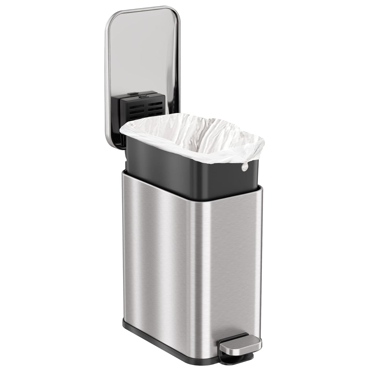 iTouchless SoftStep 1.3 Gallon Small Slim Bathroom Step Trash Can with Removable Inner Bucket & AbsorbX Odor Filter, Stainless Steel, 5 Liter Garbage Bin, Bathroom, Bedroom, Business Office Cubicle
