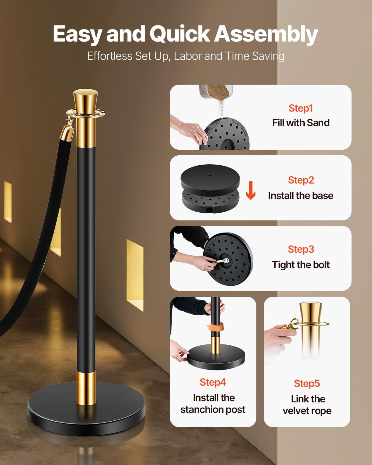 VEVOR 6 PCS Poste de Estaca de Acero Inoxidable de 1,5 m con Base Hueca de Inyección de Arena y 4 Cuerdas de Terciopelo Negro, Barreras de Control de Multitudes para Teatro, Fiesta, Boda, Negro
