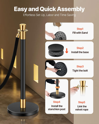 VEVOR 6 PCS Poste de Estaca de Acero Inoxidable de 1,5 m con Base Hueca de Inyección de Arena y 4 Cuerdas de Terciopelo Negro, Barreras de Control de Multitudes para Teatro, Fiesta, Boda, Negro