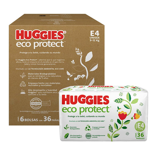 Huggies Eco Protect Pañal Desechable para bebé, Unisex, Etapa 4, Caja con 216 Pañales Desechables, Ideal para Bebés de 9 a 12 kilogramos