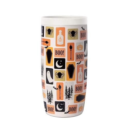 Simple Modern Viajero Distintivo de Halloween | Vaso Térmico para Café con Tapa de 360 | Regalos para Mujeres y Hombres | Voyager Signature | 470ml | Spooky Stamps on Cream