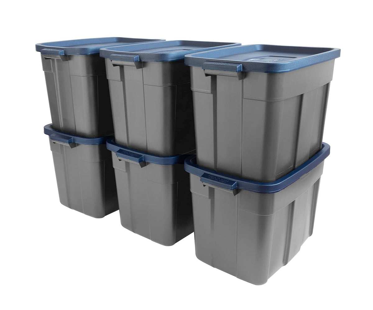 Rubbermaid Roughneck Bolsas de almacenamiento de 18 galones, paquete de 6, recipientes de almacenamiento apilables duraderos con tapas, contenedores de almacenamiento de plástico encajables para