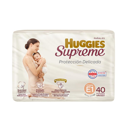 Pañal Huggies Supreme, unisex con 40 pzs, etapa 1, para bebés de 3 a 5.5 kg. Único clinica y dermatologicamente probado