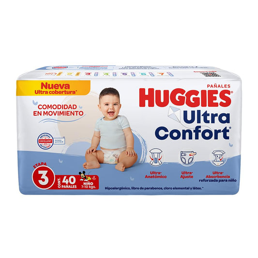 Huggies UltraConfort Pañal Desechable para Bebé, Etapa 3 Niño, Paquete con 40 Piezas, Ideal para niños de 7 a 10 kg