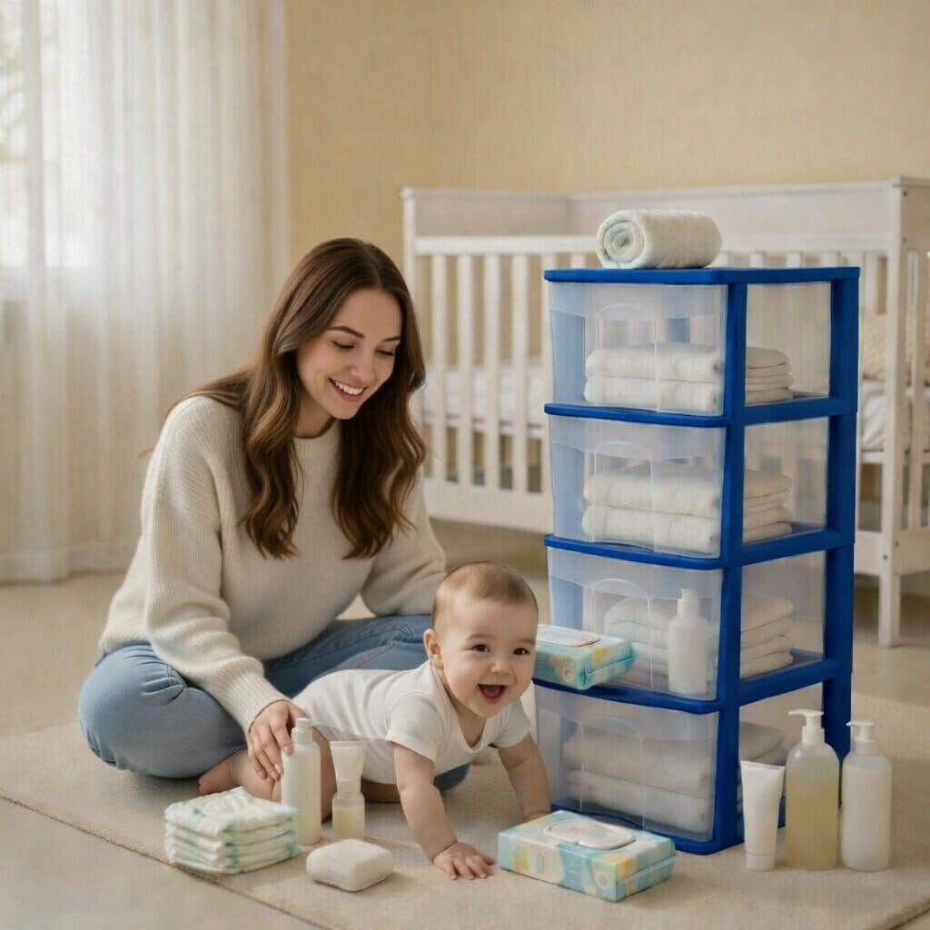Italhome Cajonera ONYX 4 de Plástico Azul con 4 Cajones Transparentes, Organizador Multiusos para Recámara, Oficina o Cocina