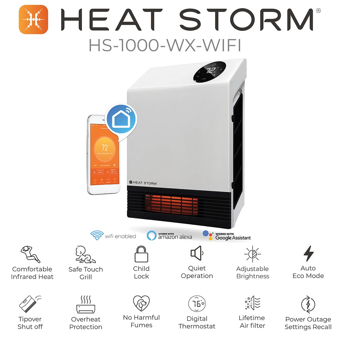 Heat Storm HS-1000-WX-WIFI Calentador de pared infrarrojo WiFi, 1000 W