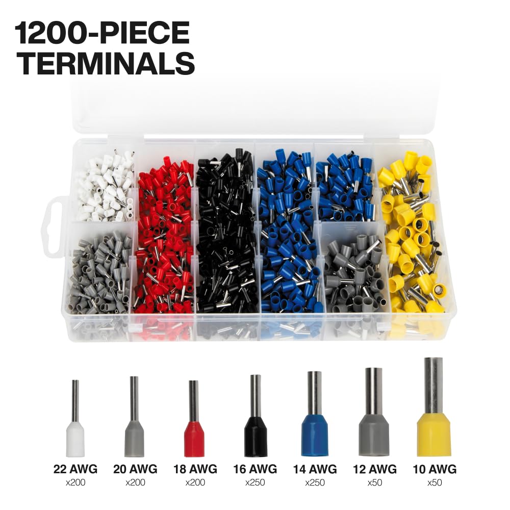 Klein Tools 34060 Juego de herramientas de prensado de virola con alicates cuadrados de carraca, 1200 terminales de cable (10-22 AWG) y estuche de transporte suave para aplicaciones eléctricas