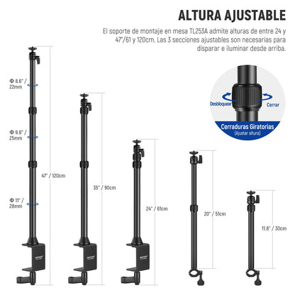 NEEWER TL253A+DS001 Soporte Sobremesa Brazo Extensible para Cámara y Móvil | Soporte para Teléfono, Cabezales Esféricos, Adaptador Tornillo, Soporte Sobremesa para Cámara, Móvil, Webcam Y Anillo De Luz
