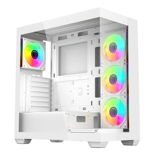 Gabinete Gamer Mid Tower Xzeal ATX Panel Der. Vidrio + Metal 2xUSB1.0 + 1xUSD3.0 + 3.5 mm + 4 ARGB Fans + 1 HUB Blanco