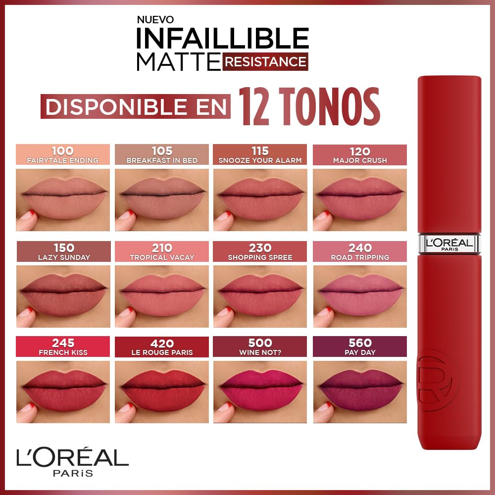 L’Oréal Paris Infaillible Le Matte Resistance Labial Líquido de Larga Duración por 16H, a Prueba de Agua, Color Intenso, con Ácido Hialurónico, Tono Wine Not