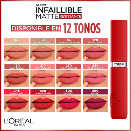 L’Oréal Paris Infaillible Le Matte Resistance Labial Líquido de Larga Duración por 16H, a Prueba de Agua, Color Intenso, con Ácido Hialurónico, Tono Wine Not