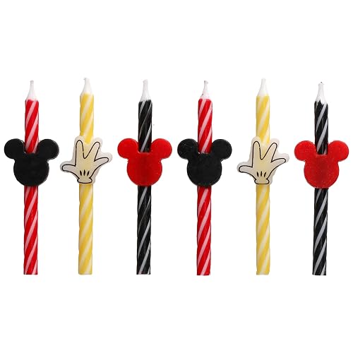 Disney Mickey Mouse - Velas de cumpleaños para tartas, 6 velas de cumpleaños para decoración de pasteles, velas de rayas rojas, amarillas y negras para fiestas de Mickey Mouse