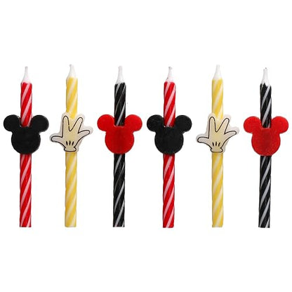 Disney Mickey Mouse - Velas de cumpleaños para tartas, 6 velas de cumpleaños para decoración de pasteles, velas de rayas rojas, amarillas y negras para fiestas de Mickey Mouse