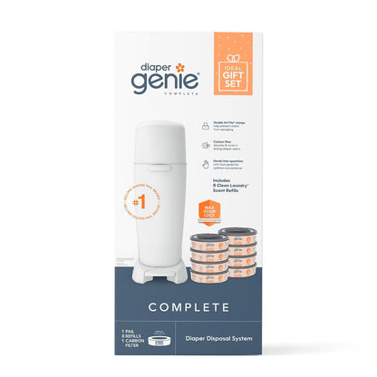 Set de regalo Diaper Genie Complete | Incluye 8 recambios redondos con fragancia Clean Laundry que pueden contener hasta 2160 pañales tamaño recién nacido y 1 filtro de carbón.