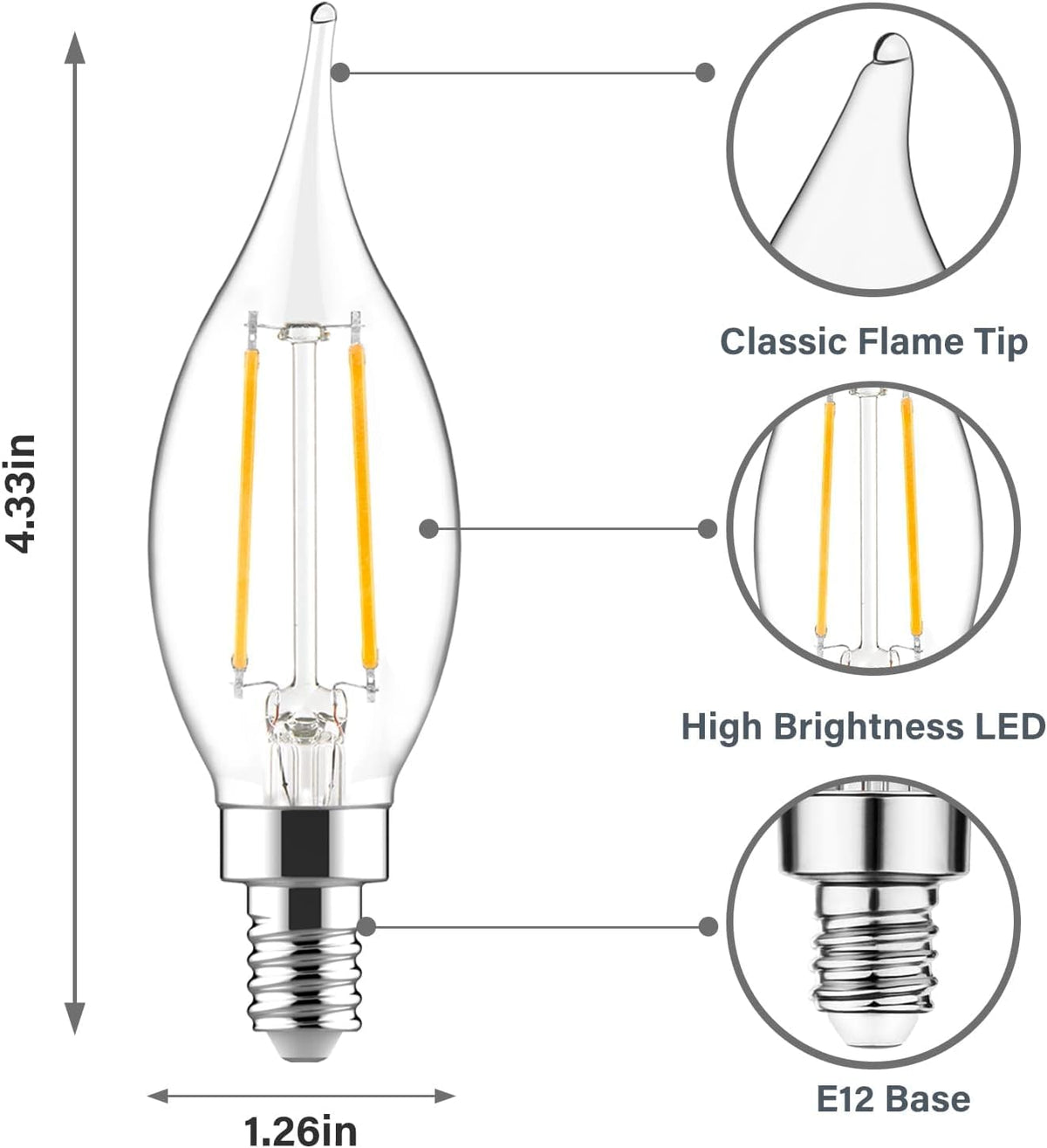 Sengled E12 - foco LED para candelabro de 60 W, equivalente a 60 W, bombillas LED regulables, 5 W, 2700 K, blanco suave, 450 lm, B10, punta de llama, estilo clásico, con base decorativa de candelabro
