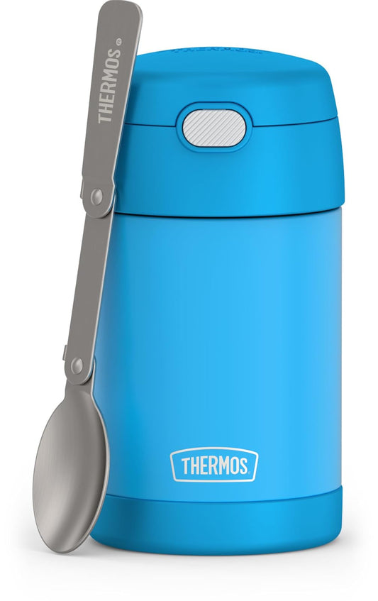 THERMOS FUNTAINER - Tarro aislado para alimentos, 16 onzas, apto para niños con cuchara plegable, color azul mezclilla