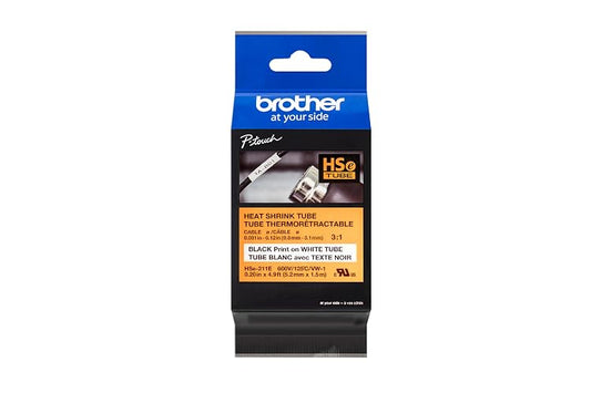 Brother Tubo Termorretráctil HSe211E de 5,28 mm para Cables | Relación 3:1, negro sobre blanco