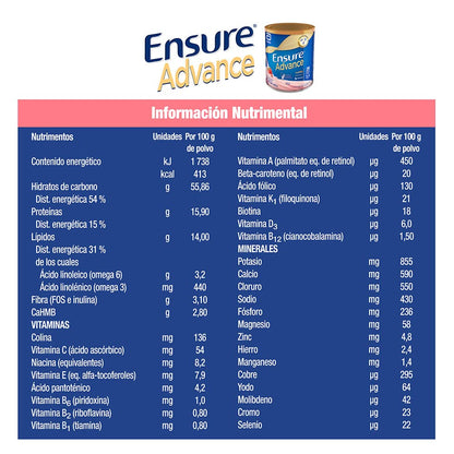 Ensure Advance Polvo Sabor Chocolate 400 g + Advance Polvo Sabor Fresa 400 g + Advance Vainilla en Polvo 400g, Alimentación Especializada