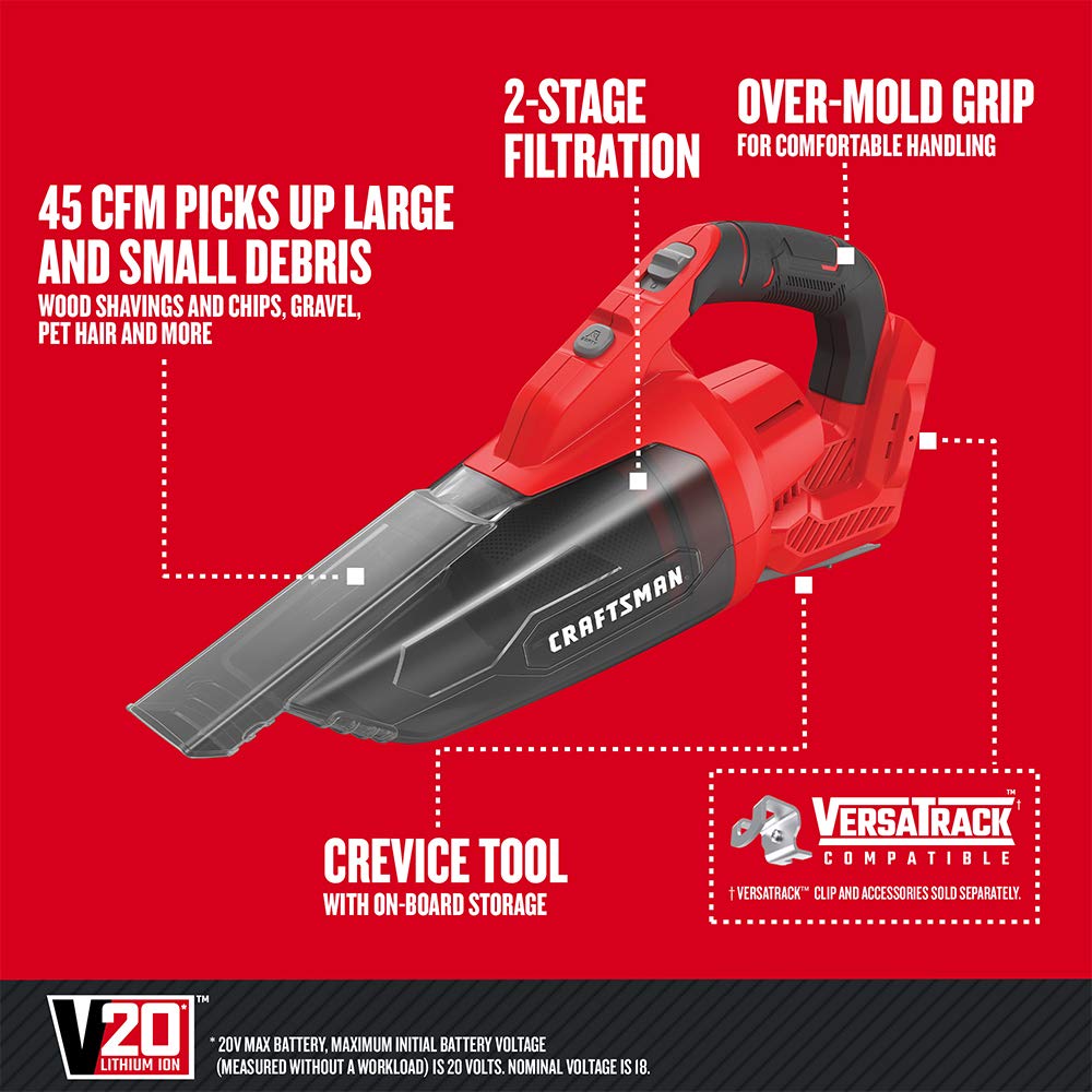 Craftsman V20 Aspiradora de Mano inalámbrica, 45 CFM, Sistema de filtración de 2 etapas con Filtro, Solo Herramienta Desnuda (CMCVH001B)