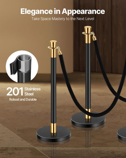 VEVOR 6 PCS Poste de Estaca de Acero Inoxidable de 1,5 m con Base Hueca de Inyección de Arena y 4 Cuerdas de Terciopelo Negro, Barreras de Control de Multitudes para Teatro, Fiesta, Boda, Negro