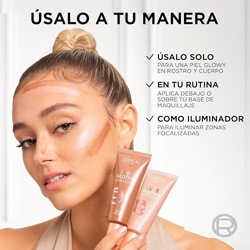 L'Oréal Paris Lumi Glotion Iluminador Hidratante Multiusos para Rostro y Cuerpo, Hidrata e Ilumina al Instante, Acabado Luminoso Natural, Textura Ligera, Apto para Pieles Sensibles, Tono Light Glow