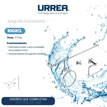 Urrea 1002CL Juego de 4 Piezas de Accesorios Modernos para baño, Latón y Acero Inoxidable cromados, garantía de 100 años en Defectos de fabricación y 10 en Acabado Cromo