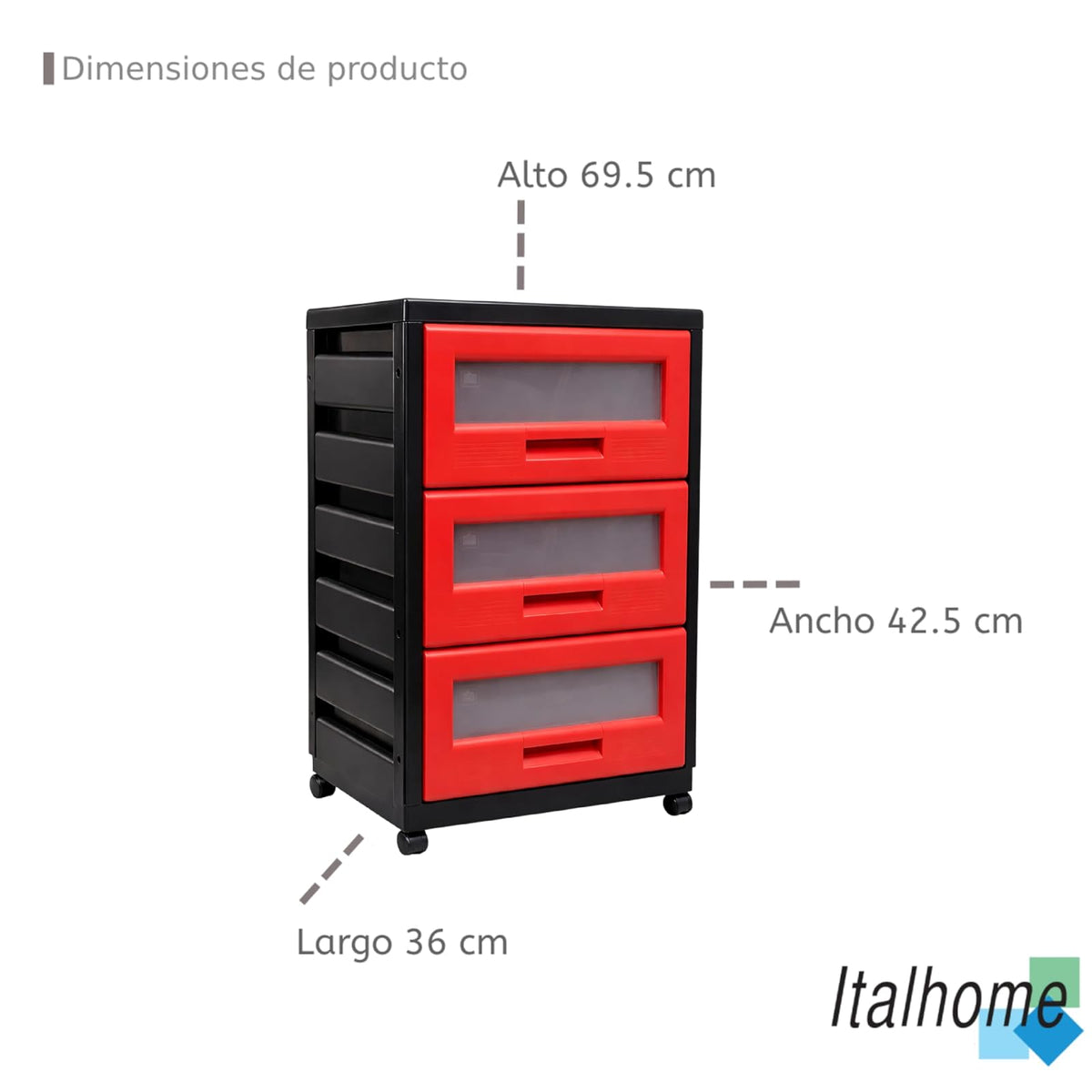 Italhome Mueble De Plástico En Color Negro Rojo Con 3 Cajones, Cajonera Organizador Multiusos Con Ruedas Piave