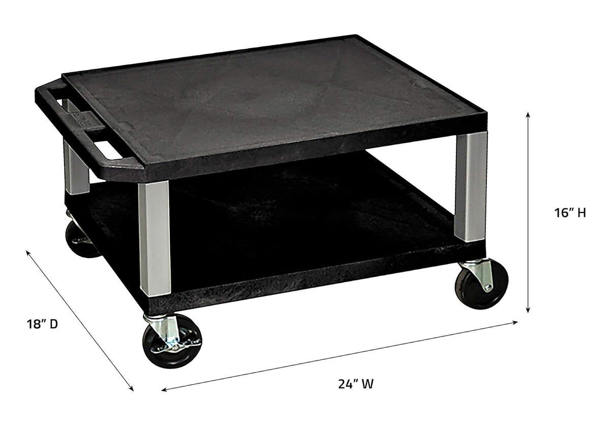 Luxor 16"H Multipurpose Rolling Utility Storage AV Cart - Black, 2 Shelves with Nickel Legs
