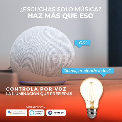 Tecnolite Connect Foco LED Inteligente Filamento A19 WiFi 5.5W - Luz Blanca Dinámica, Atenuable, Bombilla Compatible con Alexa, Google Assistant, Atajos de Siri y App móvil