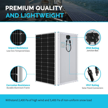 Renogy Kit Solar Monocristalino RV 200W 12V Adventurer 30A | 2 paneles 100W, controlador carga PWM LCD, soportes montaje Z, para RV, barcos, remolques, caravanas