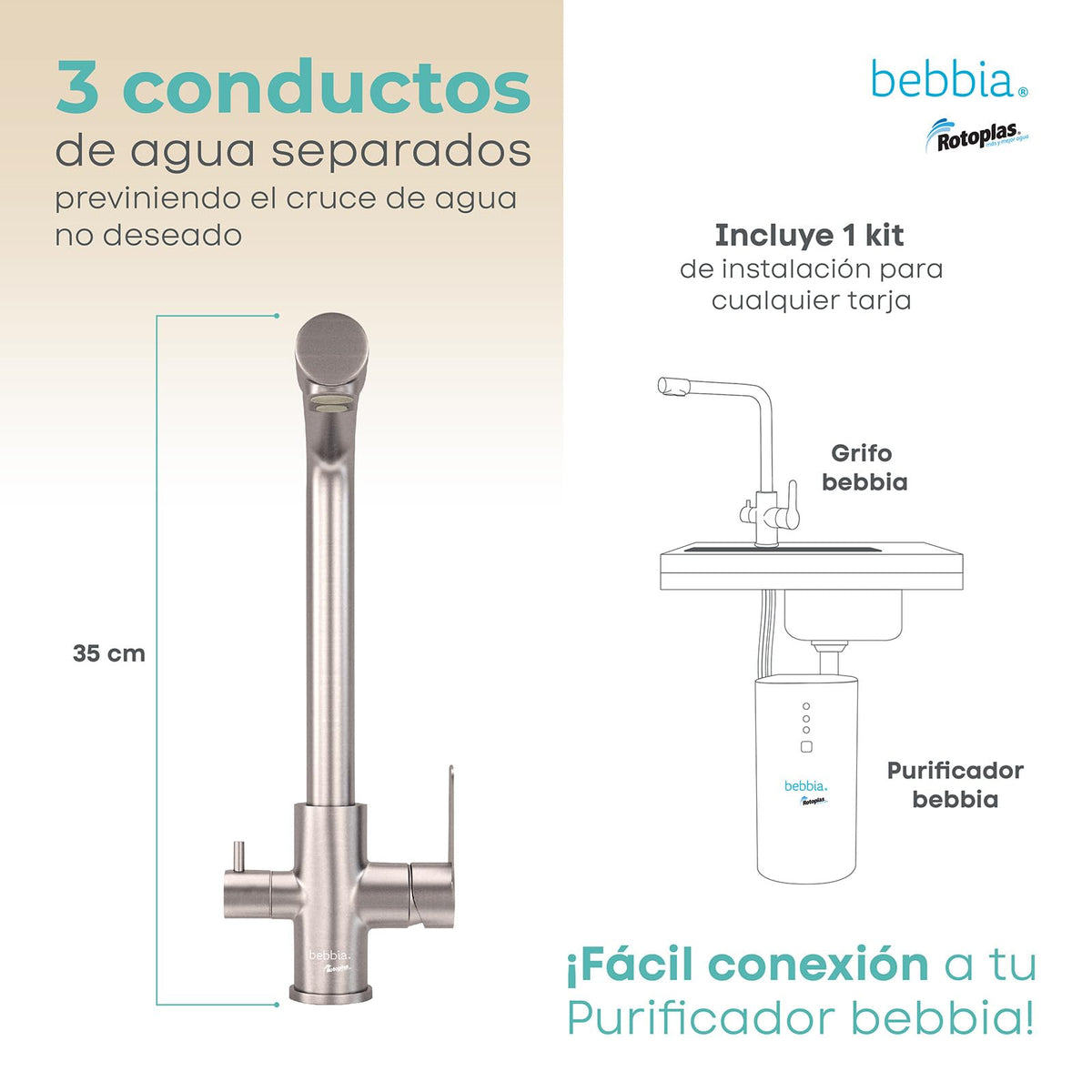 ROTOPLAS BEBBIA GRIFO PARA COCINA BEBBIA 3 VÍAS PARA AGUA PURIFICADA (GRIS RECTO)