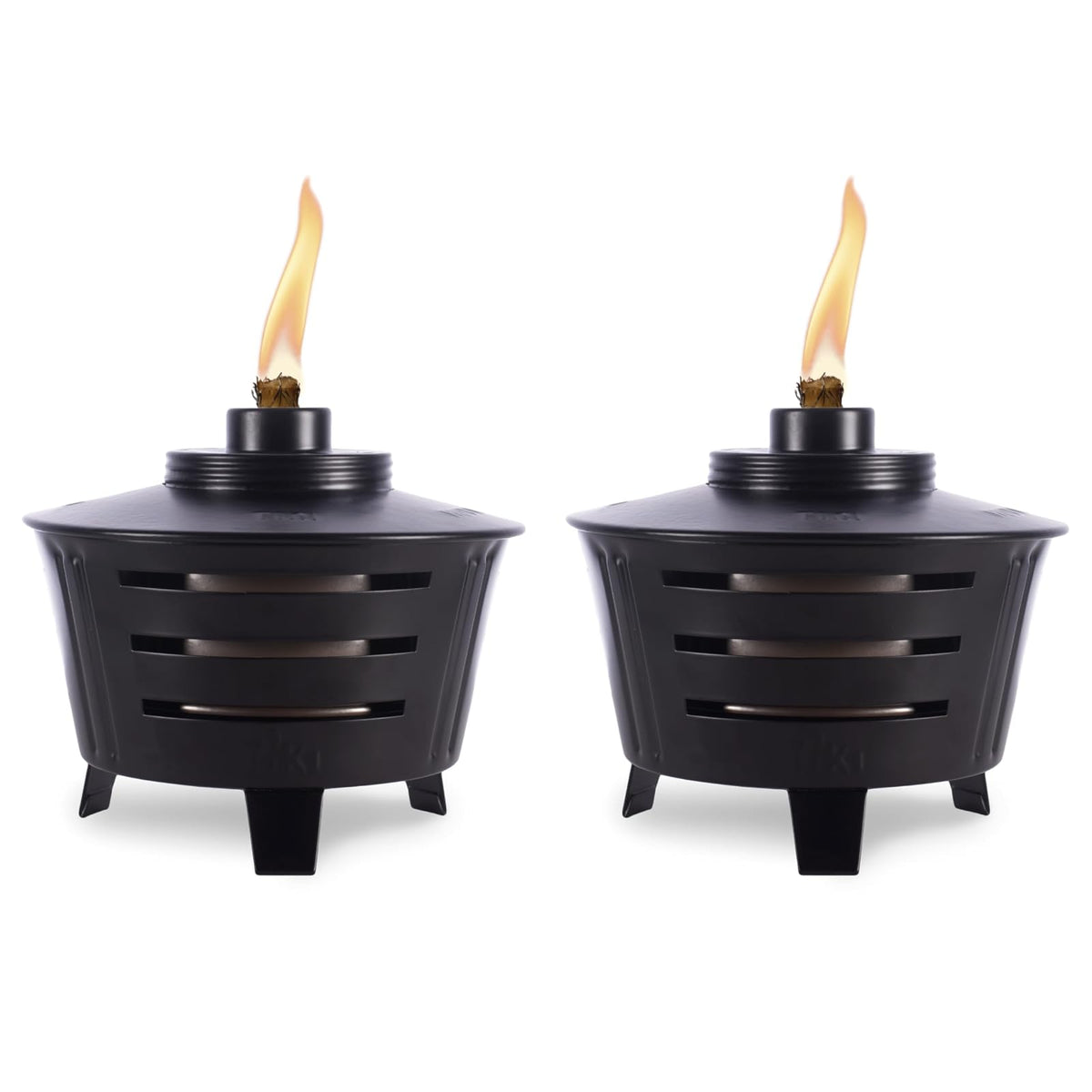 TIKI - Linterna de Mesa pequeña para fogata, 2 Unidades, Decorativa para Exteriores, para Patio, jardín y jardín, Linterna de Llama de Metal Negro, Incluye Mecha de Larga duración y Amortiguador