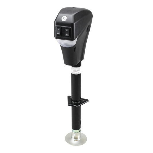 Lippert Power Tongue Jack - Marco en Forma de A, 3.5 Libras. Carrera de 18 Pulgadas, Almohadilla de pie de 5.4 Pulgadas, Carcasa Texturizada Duradera, anulación Manual de manivela de Emergencia,
