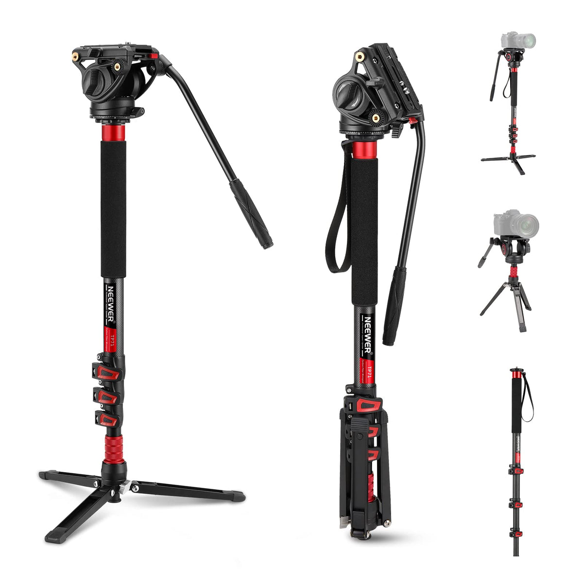 Neewer Monopié Cámara de Fibra de Carbono con Base Desmontable, Carga 6 kg - TP71 con Cabeza Fluida