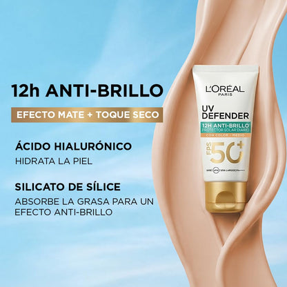 L'Oréal Paris Protector Solar Diario FPS50+ UV Defender Anti-Brillo Tono Medio, 40ml